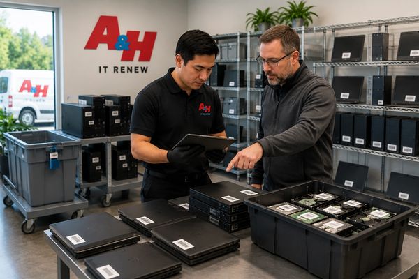 Data-bearing devices are identified and secured for documented hard drive shredding.