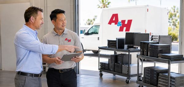 Two men discussing IT equipment in a warehouse.