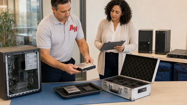 Hard drives and SSDs are secured before documented off-site shredding.