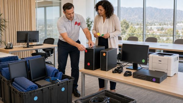 Computers, monitors, printers, and network equipment are separated for an office move.