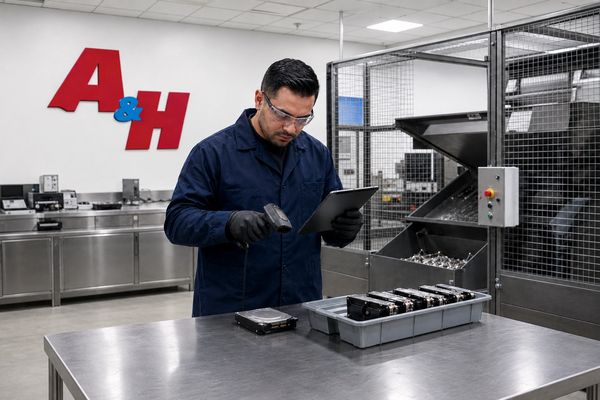 A&H IT Renew technician documenting hard drives before off-site shredding at the facility.