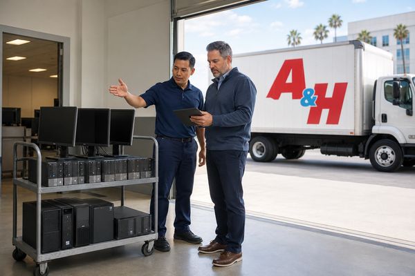 A&H IT Renew representative planning an electronics pickup with a West Covina business manager.