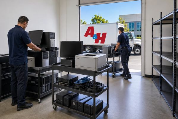 A&H IT Renew workers clearing retired electronics from a West Covina business equipment room.