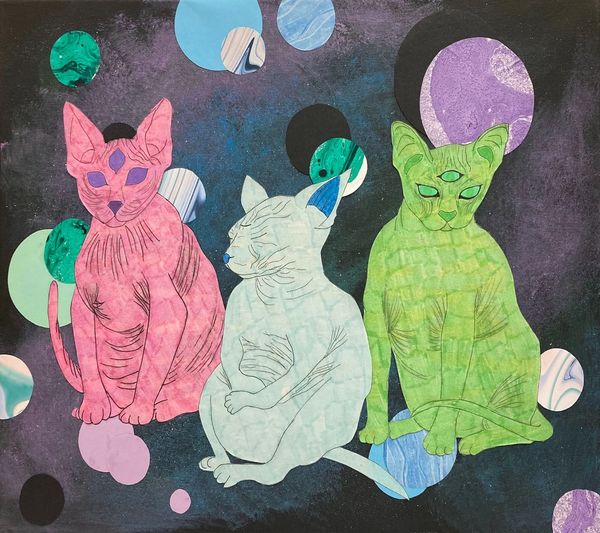 Three alien cats sitting in space, surrounded by planets. 