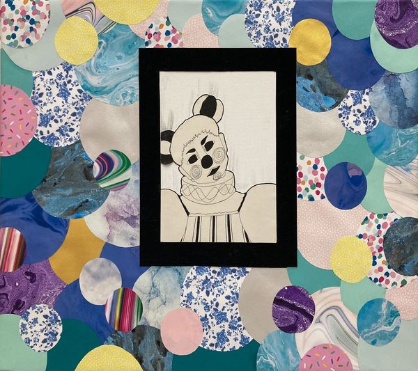 Female clown inside a picture frame, surrounded by colorful patterned spheres.