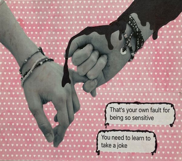 Two hands with pinkies interlaced. One is dripping black ink on the other. There are text messages.