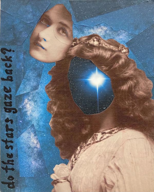 Woman in space. Her face is detached and a star shines behind.