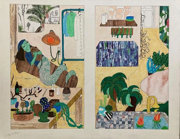 Illustrated apartment window, in which there is a sleeping snake woman and many strange plants.
