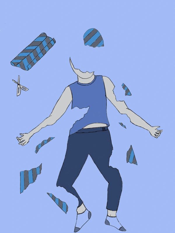 Person laying on the floor. Pieces of their body are detached and wrapped in giftwrap.