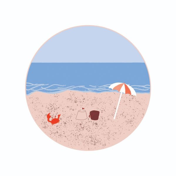 Image of a beach, with a crab, umbrella, and bucket