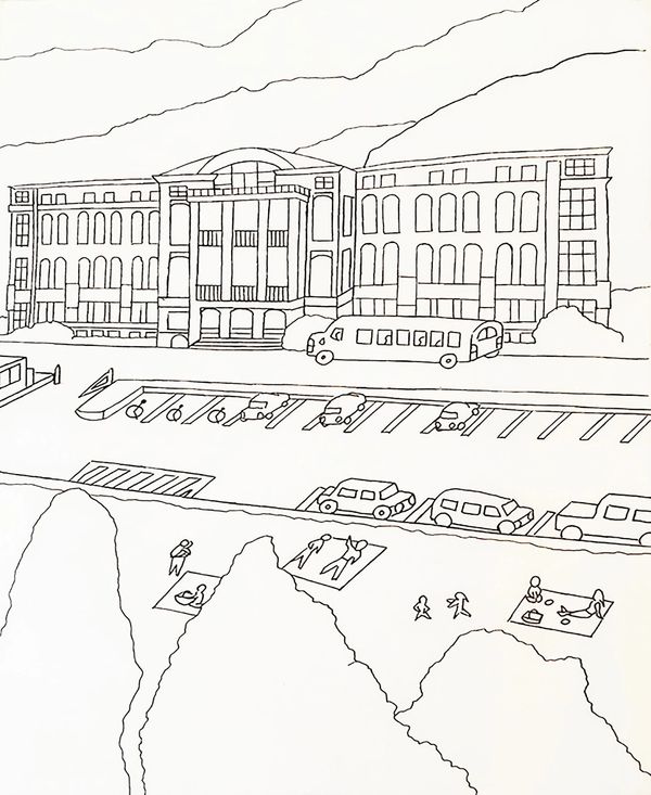 A black and white coloring page portraying Robert W. Long Hall, a building on the IUPUI campus.