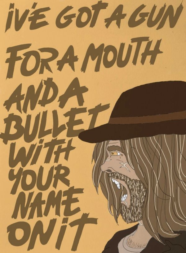 Angry man, accompanied by text taken from a metal song. 