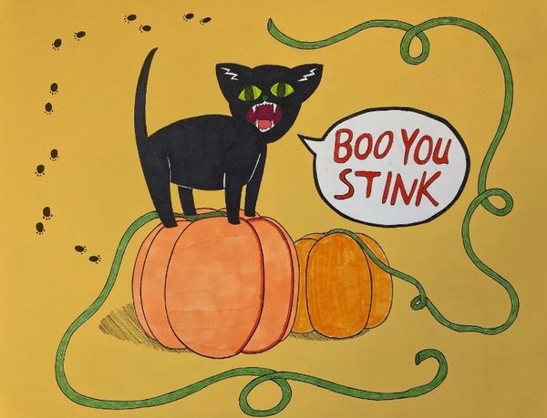A cat which is standing on a pumpkin, with an orange background.
