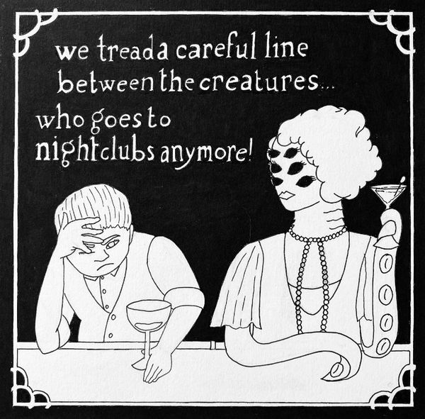 A black and white illustration in the style of a silent movie dialogue card. 