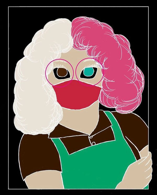 A woman with blond and pink hair on a black background