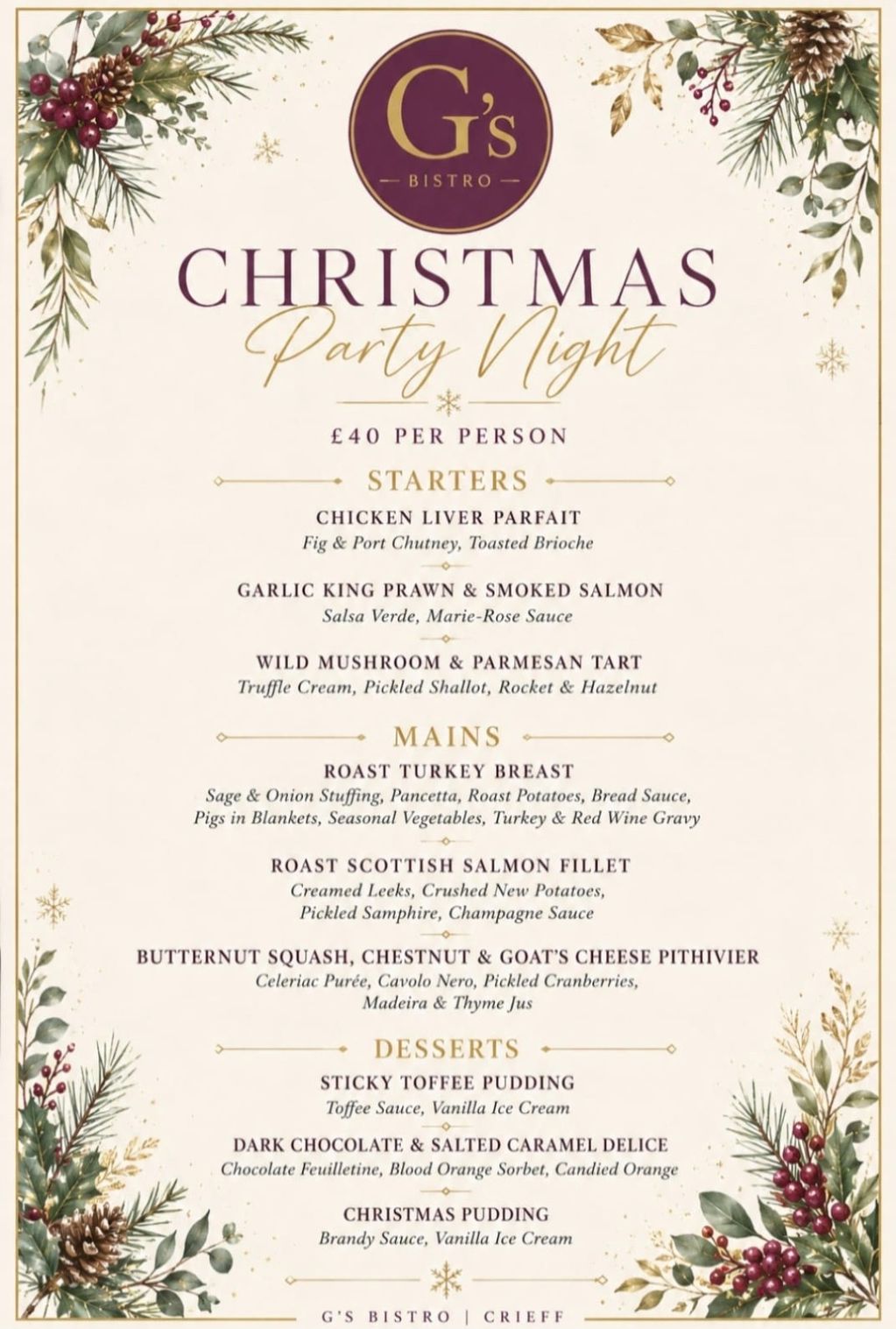 Christmas Party Night menu at G's Bistro with starters, mains, and desserts for £40.