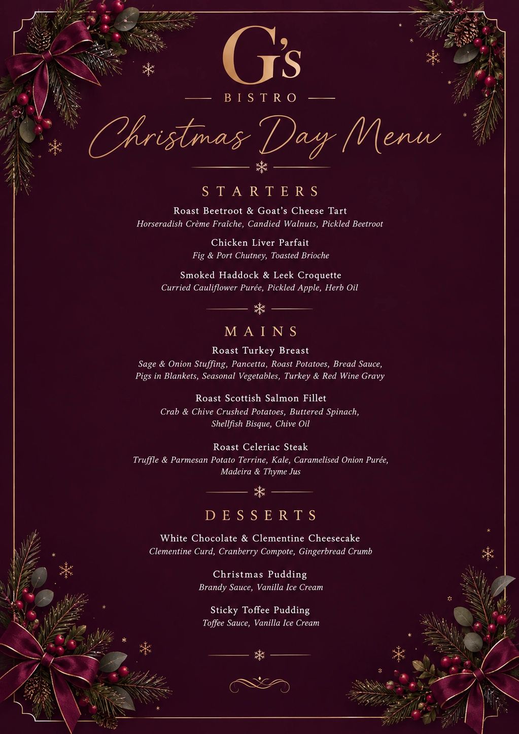 Christmas Day menu from G's Bistro.