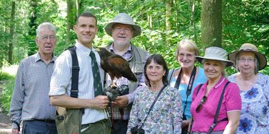 Group of people with cameras and a falcon in a forest setting.
