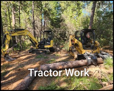 Two yellow tractors working in a forest clearing with logs.