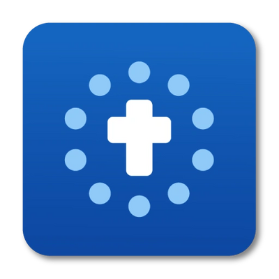White cross surrounded by circles on a blue square background.