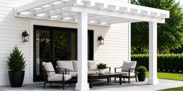 Modern white pergola with comfortable outdoor seating and greenery.