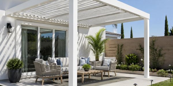 Modern outdoor patio with white pergola and cozy seating area.