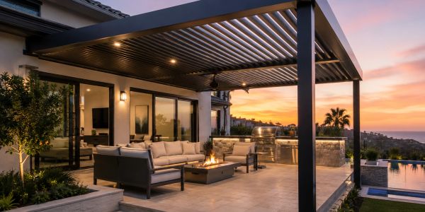 Modern outdoor patio with seating, fire pit, and sunset view.