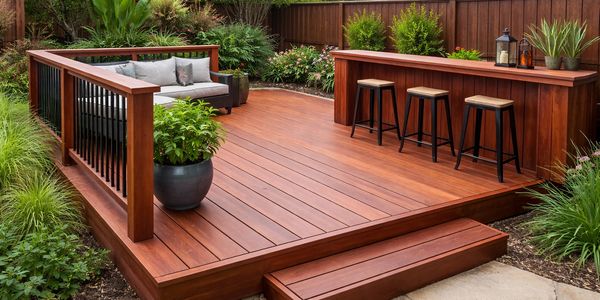 12x12 redwood deck with built in seating and bar area in Fallbrook CA