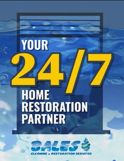 Water flooding a window with a graphic that reads, 'Your 24/7 home restoration partner."