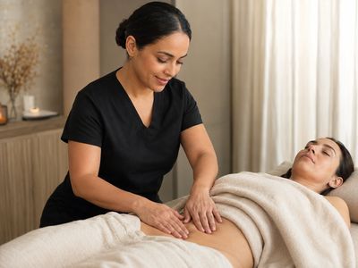 Woman receiving a relaxing abdominal massage.