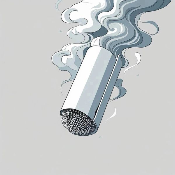 A smoking microphone falling with swirling smoke around it.