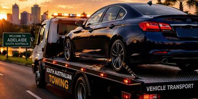 South Australian Towing transporting a car on a flatbed truck across Adelaide