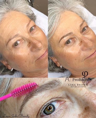Before and after of microblading on mature client with grey hair by Lara Jade.