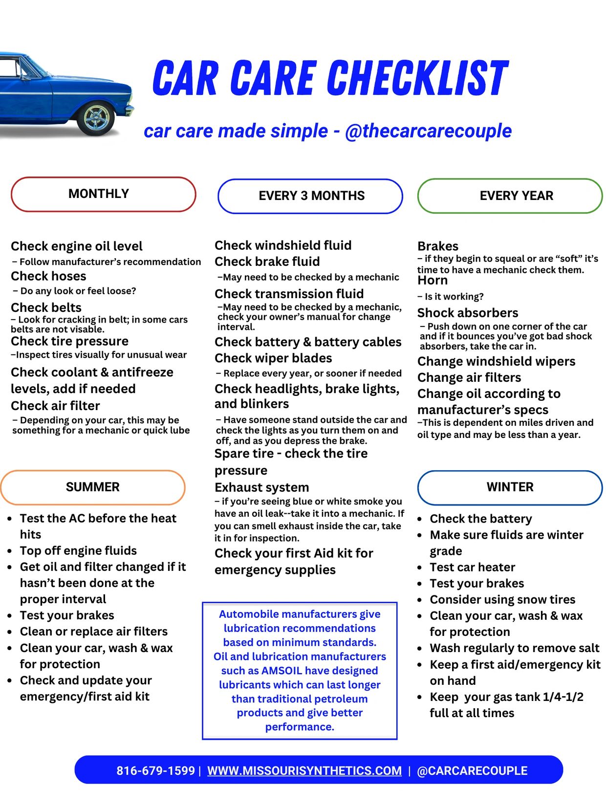Don't miss out on those important maintenance tasks for your vehicles. Refer to our handy Car Care C
