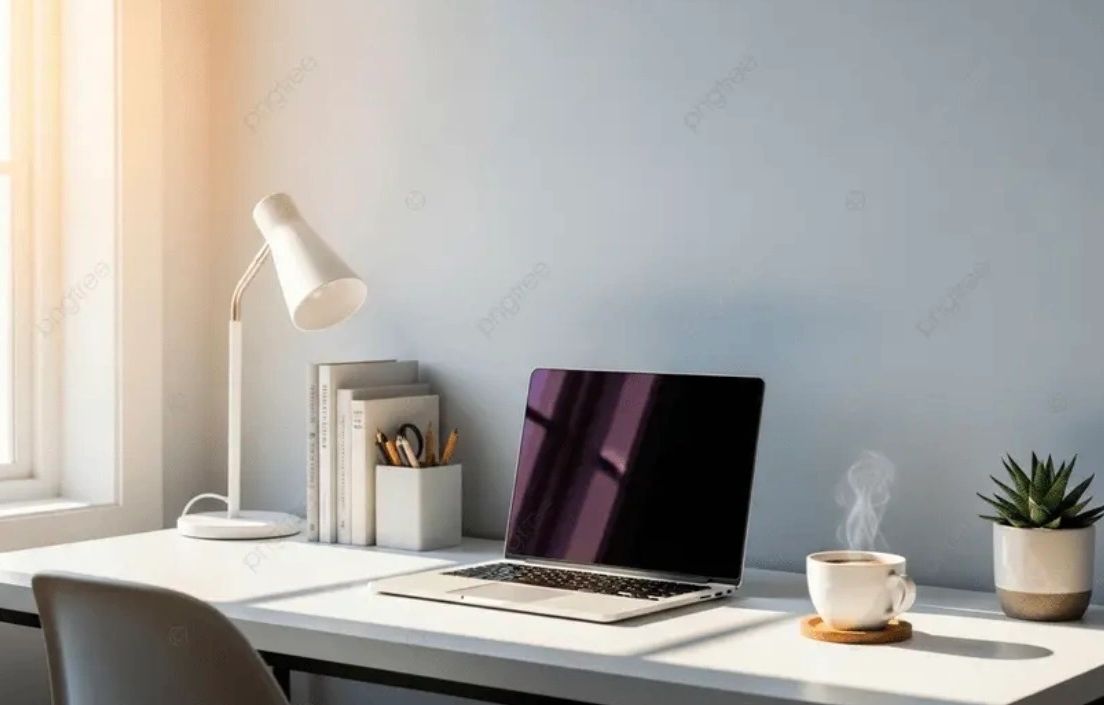 Minimalist workspace with laptop, coffee, lamp, and plant.