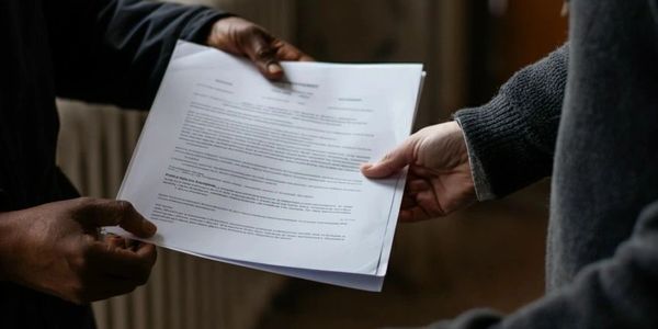 Two people exchanging a document indoors with natural light.