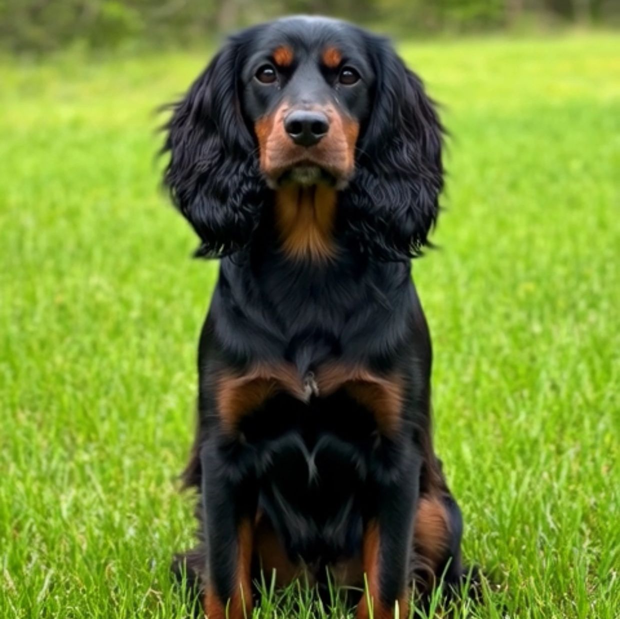 Black and tan Gordon Setter dog sitting on grass.