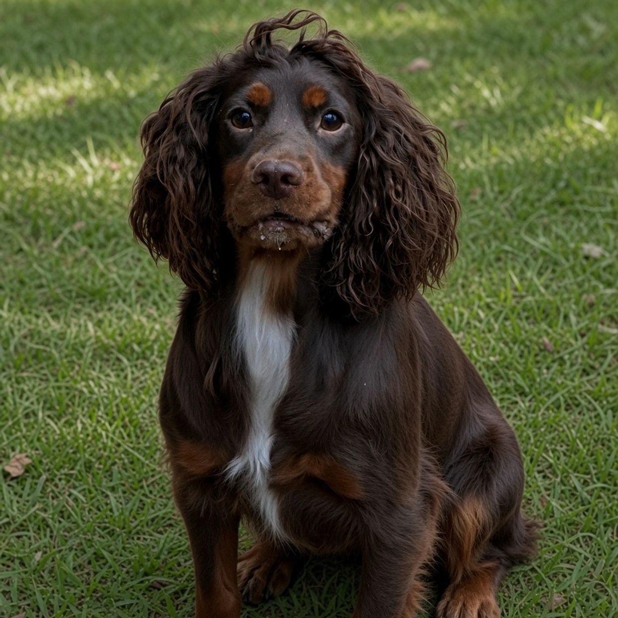 Brown dog with curly ears sitting on grass.