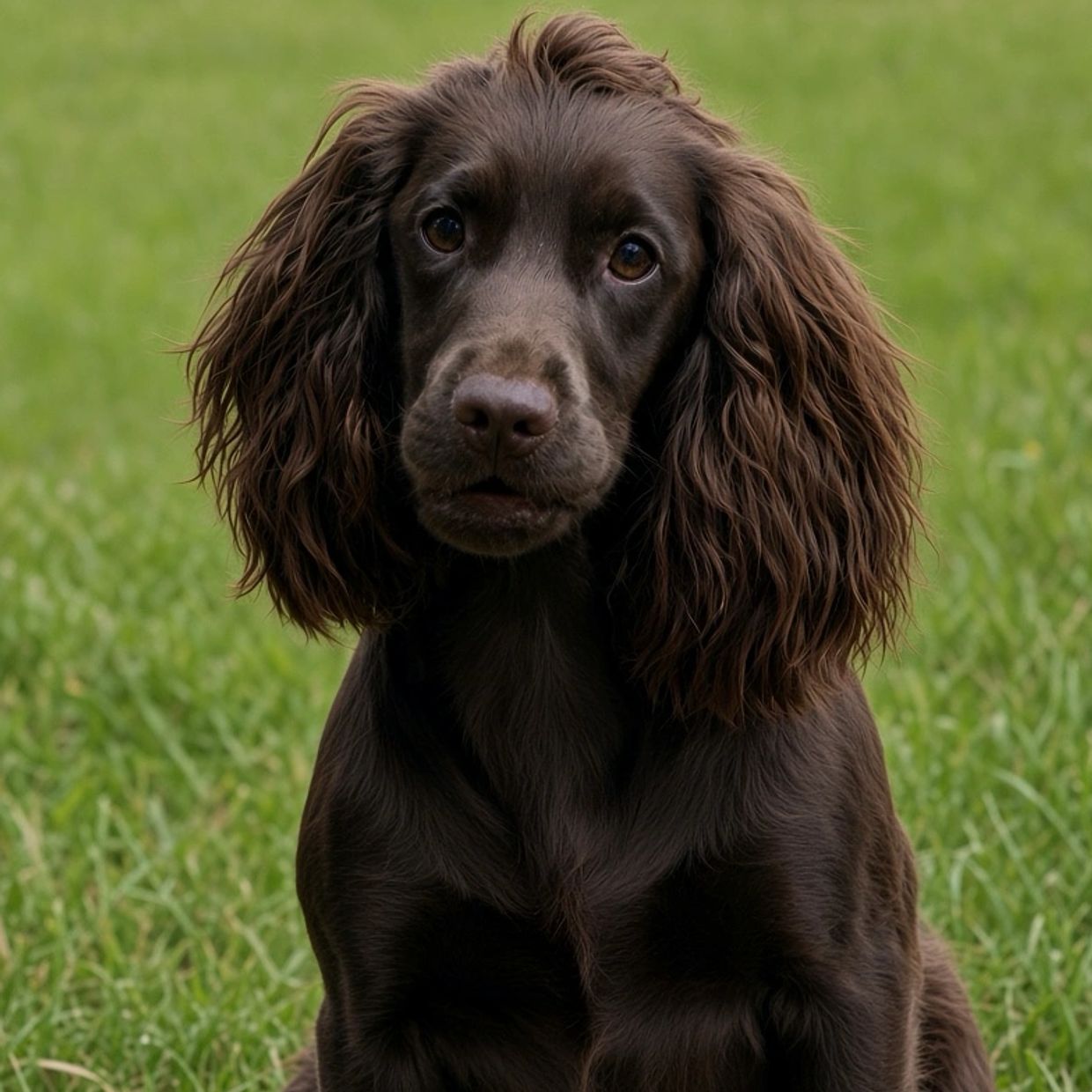 A close-up of a brown dog sitting on grass.