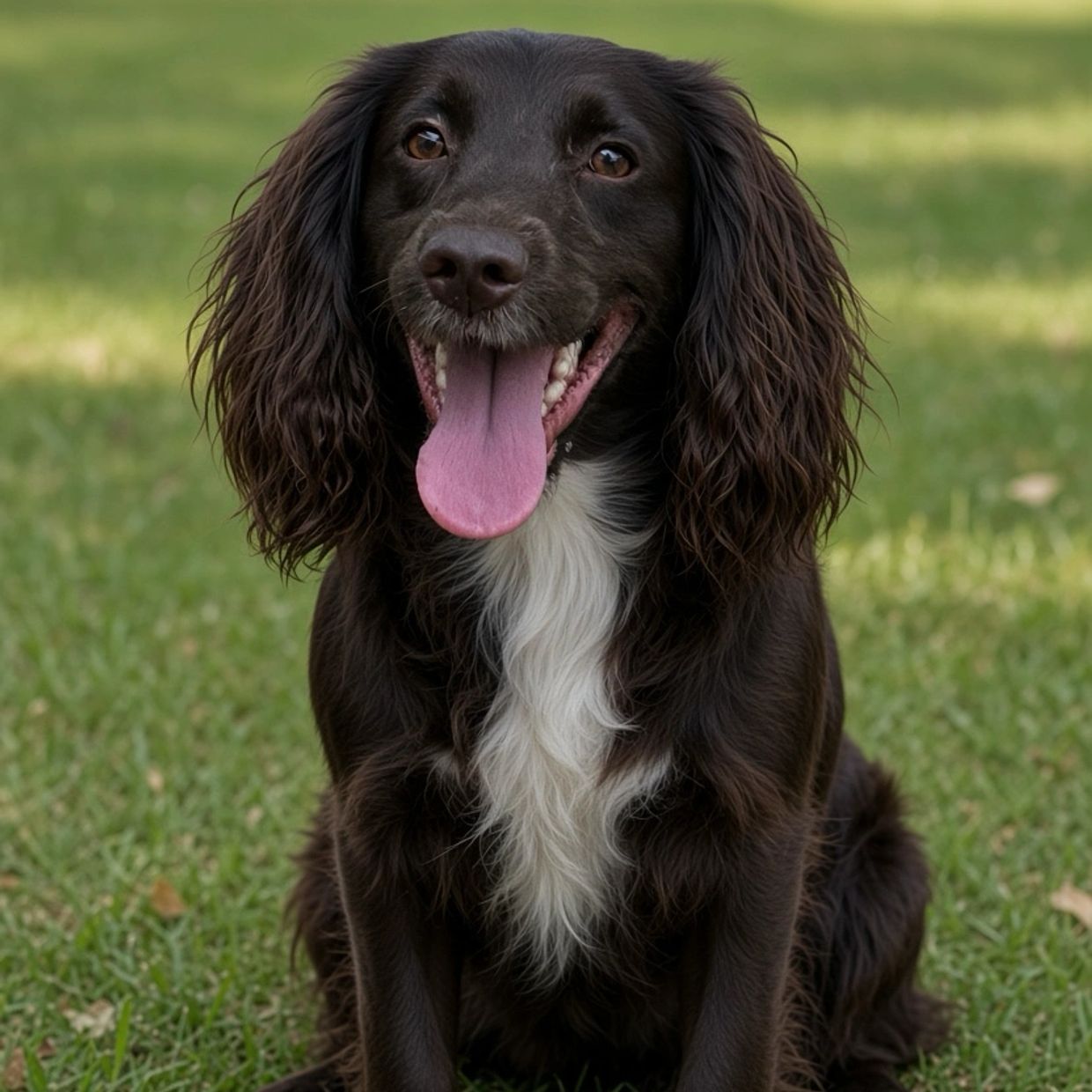 Happy black dog with white chest sitting on grass.
