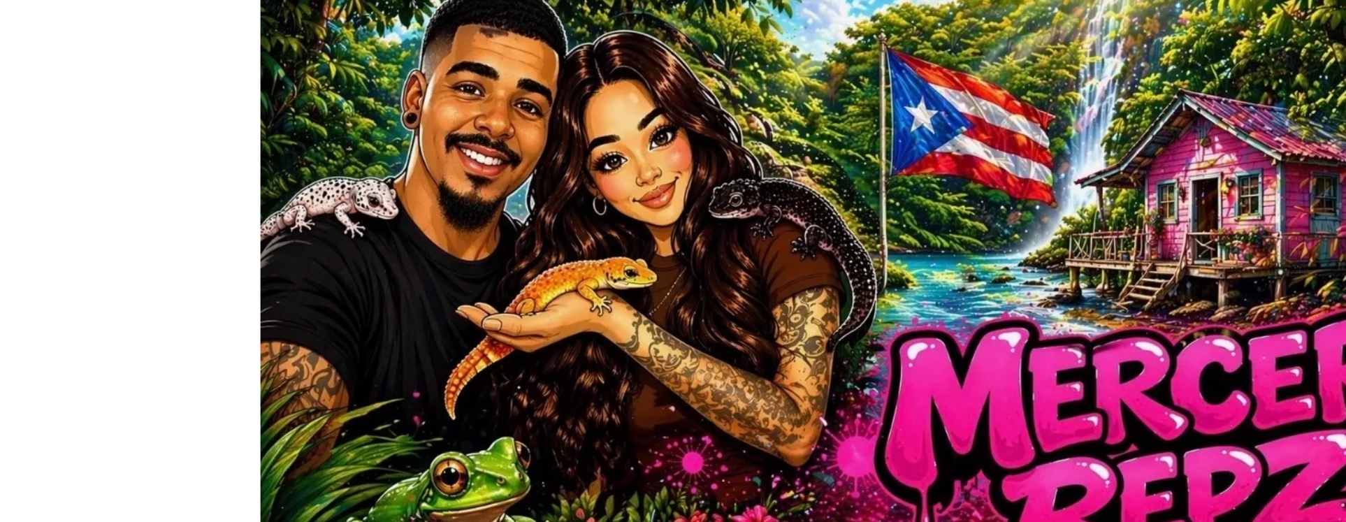 Colorful digital art of a happy couple with reptiles and a Puerto Rican flag.