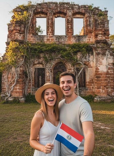 Happy couple holding Paraguayan flag in front of ancient ruins.