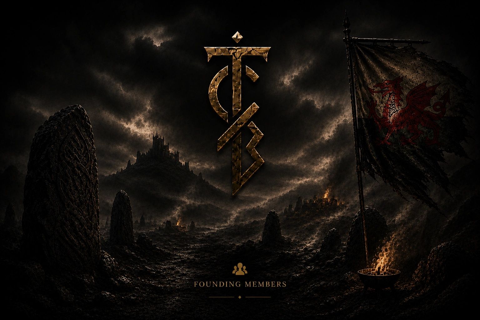 Dark fantasy landscape with ancient stones, a dragon-flag, and a golden emblem.