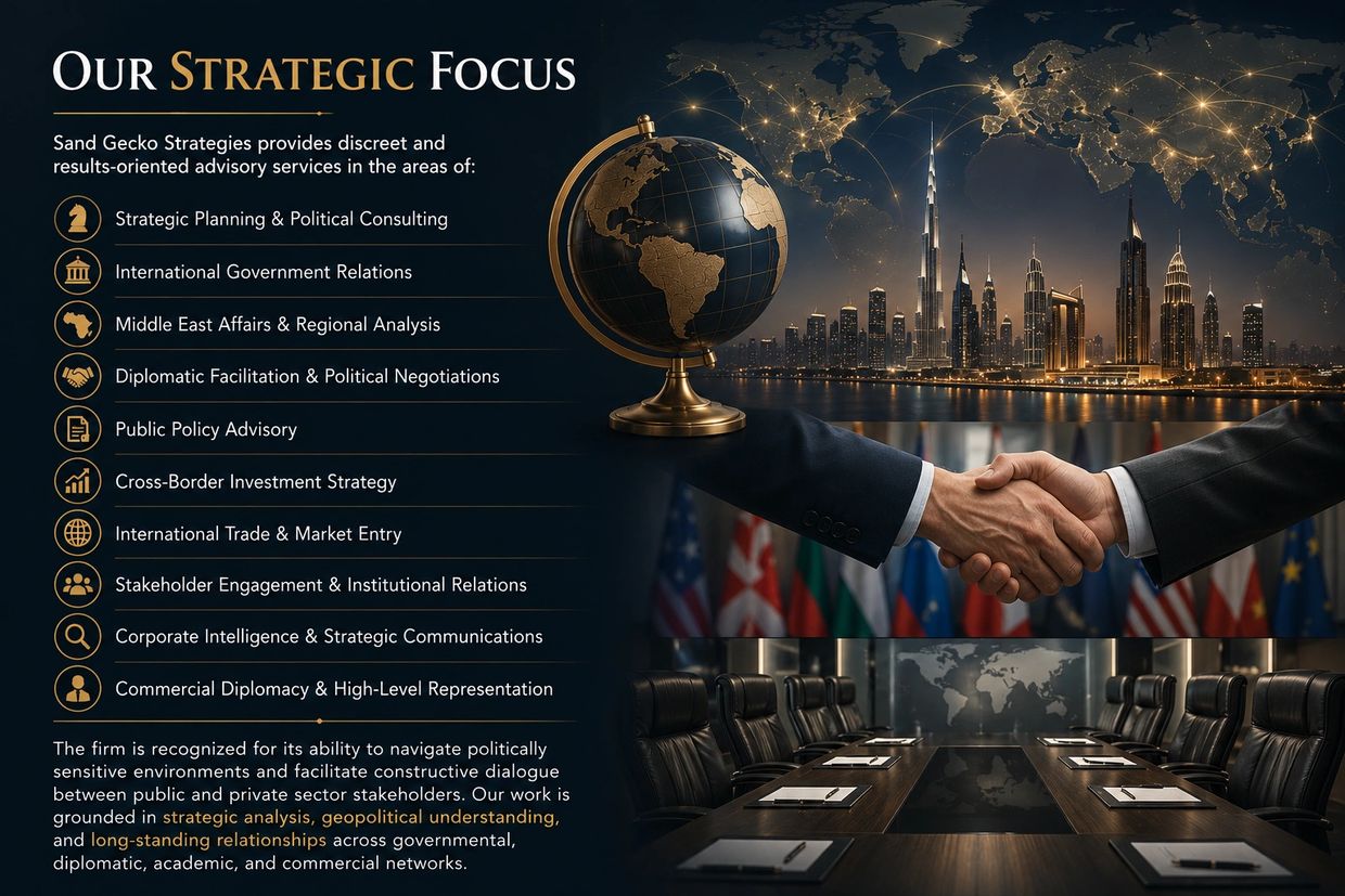 Corporate strategy and diplomacy services with global focus and high-level negotiations.