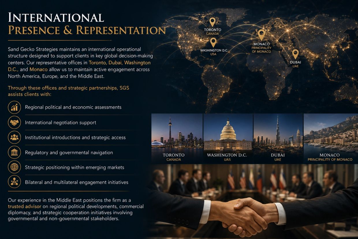 Map and images showing Sand Gecko Strategies' international offices in Toronto, Washington D.C., Dubai, and Monaco.