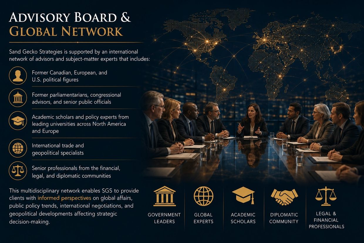 A global advisory board meeting with diverse experts discusses international strategy.