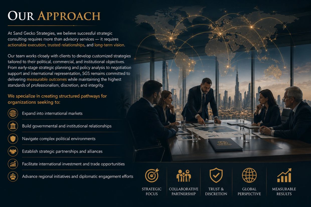 Business team strategizing with global connections and a city skyline backdrop.