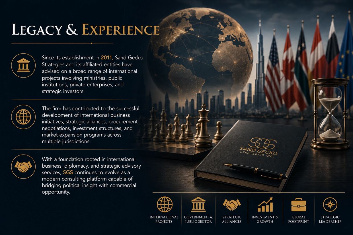Professional image showcasing Sand Gecko Strategies' global expertise with chess, globe, and flags.