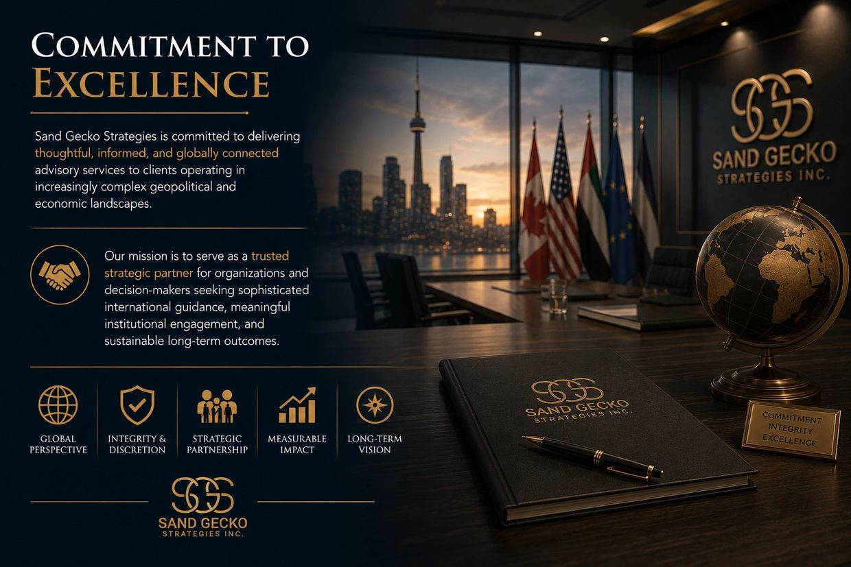 Corporate office with commitment to excellence message and global strategy themes.