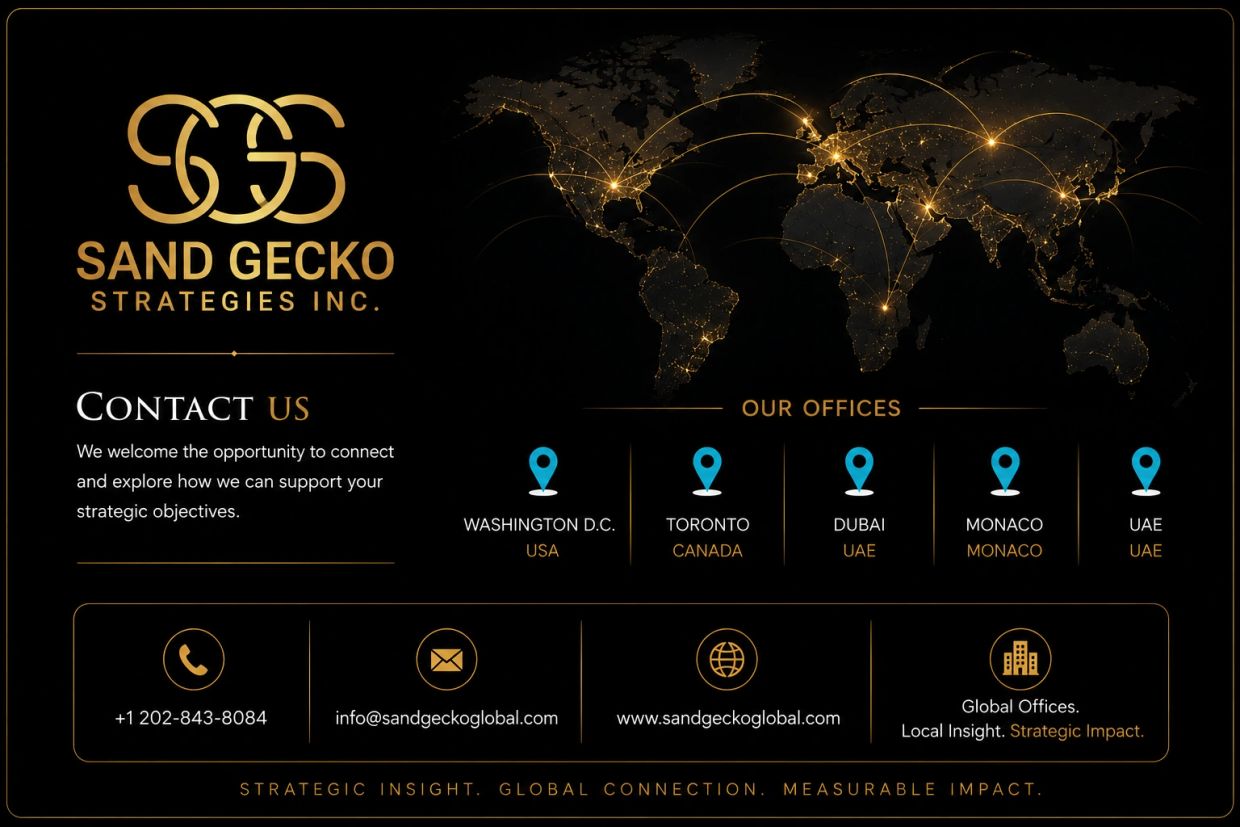 Contact Sand Gecko Strategies with global offices in USA, Canada, UAE, and Monaco for strategic support.